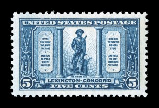 619, 5c Lexington-Concord, exceptionally well centered within large margins, strong rich color, o.g., n.h., extremely fine 2007 PSE certificate (XF-Superb 95 SMQ
$275.00).