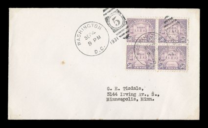 692-701, 11c-50c Rotary press printing cplt., block of four of each tied by Washington, D.C. duplex first day covers, all addressed to G.E. Tisdale of Minneapolis, stamps are
generally well centered and fresh, some covers with tiny bits of age s