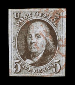 1a, 5c Dark brown, attractive used example, four full to mostly large margins, especially rich Dark brown color and a well incised impression, light and unobtrusive red c.d.s.,
extremely fine 1982 PF certificate.