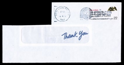 2359b, 22c Constitution, greenish gray (background) omitted, tied to large part of cover by St. Louis Nov. 4, 1987 slogan cancel, very fine a very rare error and possibly unique
on cover, as no more than three examples are thought to exist 199