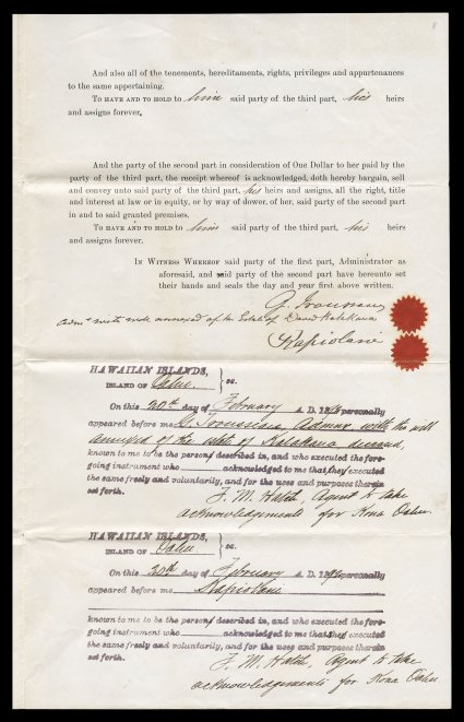 Queen Kapiolani 1892 document signed, English language administrators deed for land in Moanalua to S.M. Damon from the estate of King Kalakaua, three $1.00 Black revenues (R3,
one with pre-affixing damage at left) tied at top left, dated Februa