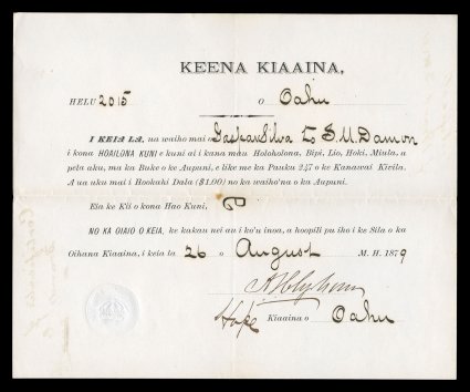 Archibald Scott Cleghorn 1879 document signed, Hawaiian language cattle brand registration certificate of the Governors Office of Oahu for the livestock brand of a stylized
figure, transferred from Gaspar Silva to S.M. Damon, dated August May 26
