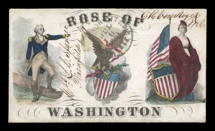 Rose of Washington patriotic cover front, used front that has been rebacked, endorsed by a member of Congress and posted to Plainfield, New Jersey, Washington, D.C.Free Jul 6
1861 c.d.s., includes the beautiful foldout rose enclosure printed