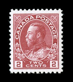 106c, 1914 2c Rose carmine, outstanding centering within large margins, fresh color, pristine o.g., n.h., extremely fine and choice 2007 Greene Foundation certificate (Unitrade
C$90.00).