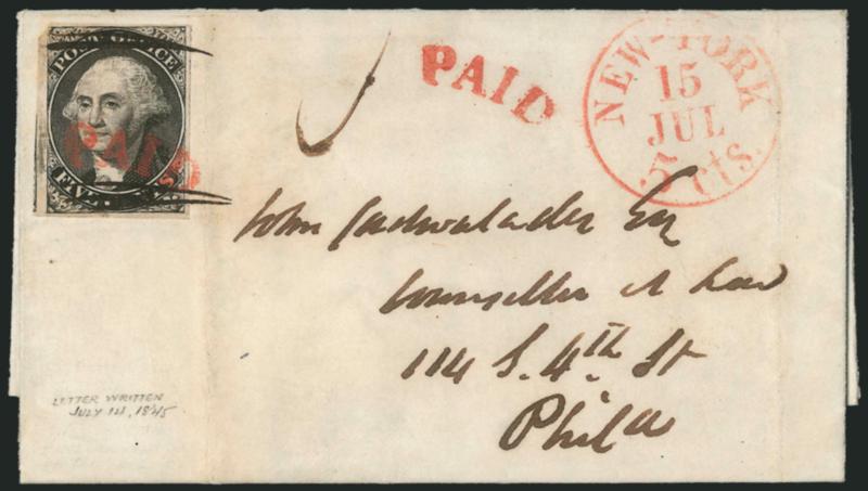 New York N.Y., 5c Black, Without Signature (9X1e).> Large margins to clear including part of adjoining stamp at left, tied by penstrokes which were carefully applied to avoid Washingtons portrait, also tied by red
Paid arc handstamp, second strike