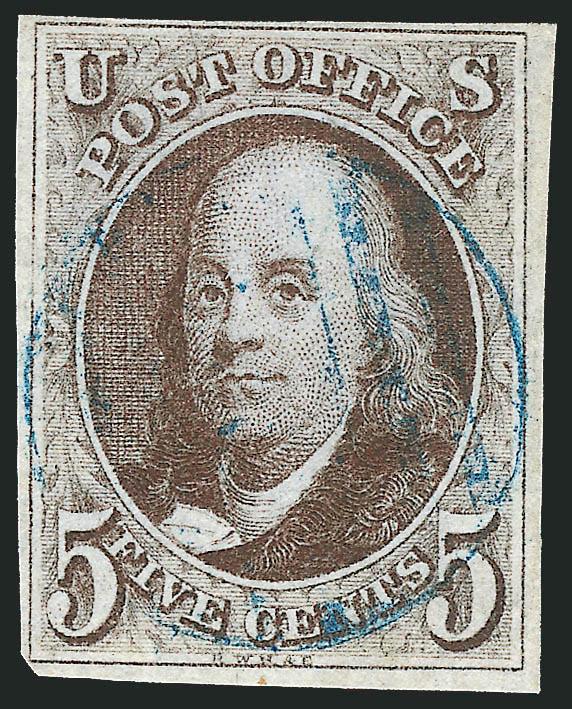 5c Red Brown, Crack in T Variety (1 var).> Large margins to well clear at top and lower left corner, rich color, neat strike of <blue grid> cancel leaves design and its characteristics clearly visible and
showing clear plate crack from T of POST