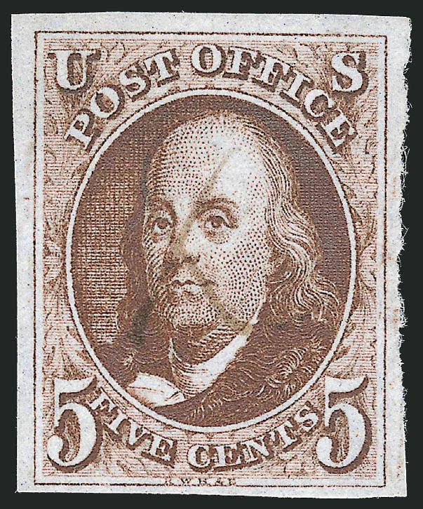 5c Red Brown (1).> Large margins to full at bottom, beautiful dark early shade and impression on nicely blued paper, neat manuscript X cancel at center, Extremely Fine, a gorgeous First Delivery stamp, ex
Card