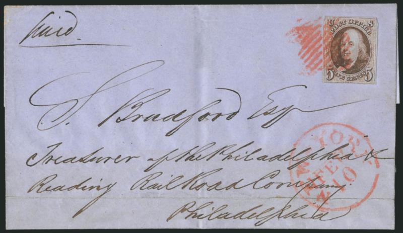 5c Red Brown (1).> Large margins to clear, rich color, <minor double transfer> at bottom most clearly evident in lettering, tied by red square grid, matching New-York Feb. 10 circular datestamp on blue folded
cover to Philadelphia, refolded at bott