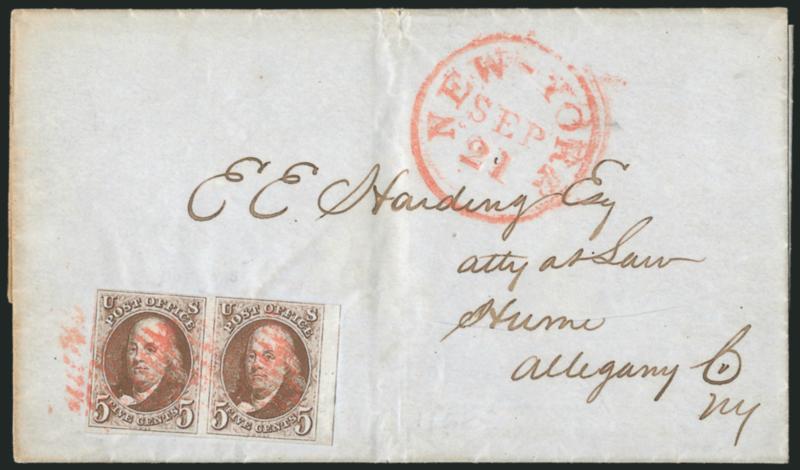 5c Red Brown (1).> Horizontal pair, <left stamp Dot in S,> large margins to full, rich color, tied by red square grids, matching New-York Sep. 21 circular datestamp on 1848 folded letter to Hume N.Y., Very Fine,
ex Rust, this plate variety is kno