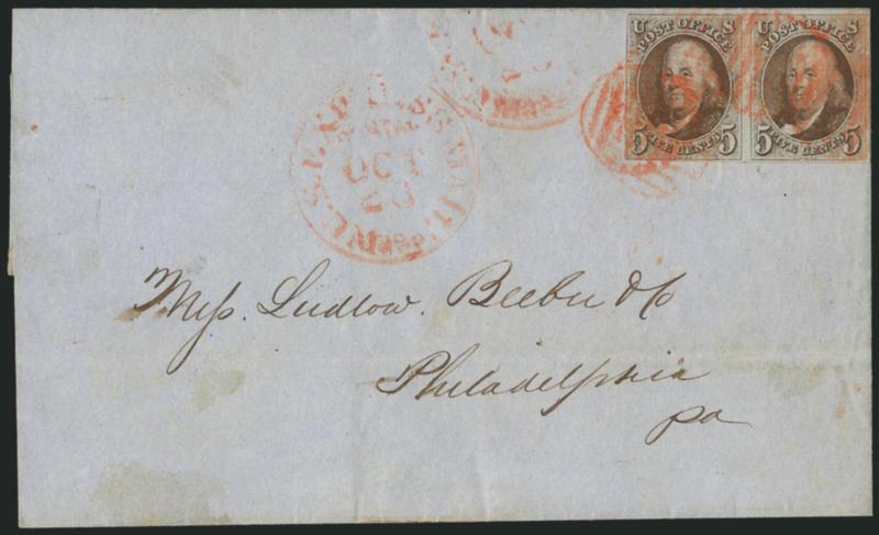 5c Red Brown (1).> Horizontal pair, large margins to clear, pretty color, tied by red grids, matching <U.S. Express Mail, Boston Mass., Oct. 23> circular datestamp on blue folded cover to Philadelphia, right
stamp faint creases, light horizontal fi