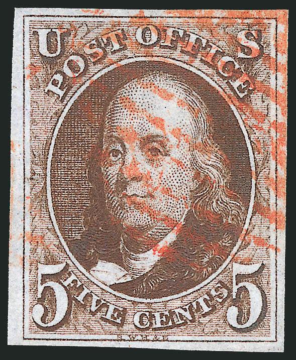 5c Red Brown (1).> Large even margins all around, deep rich color and proof-like impression from the First Delivery, neat strike of New York red square grid cancel, tiny faint thin spot in forehead area,
Extremely Fine appearance, with 1997 Saadi cer