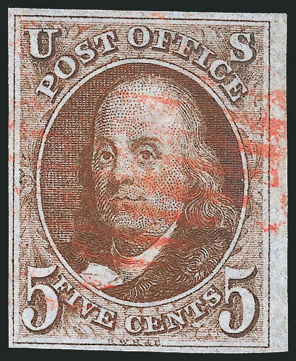 5c Red Brown (1).> Large to ample margins, rich chocolate shade and sharp impression, red New York square grid cancel, fresh and Very Fine, with 1985 note from Dr. Amonette describing this as one of the medium
brown shades