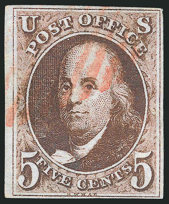 5c Dark Brown (1a).> Large margin at left, ample to well clear on other sides, intense shade and impression, neat strike of red New York square grid cancel, fresh and Fine