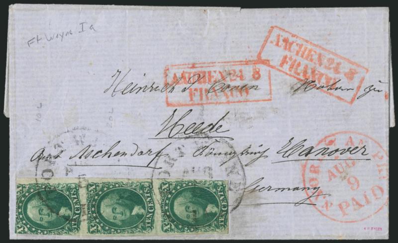 10c Green, Ty. IIIIIIII (151415).> Positions 102030L1, vertical strip of three, large margins to in, tied by Fort Wayne Ia. Aug. 5 circular datestamp on blue folded cover <to Hanover, Germany,> red N. York Am.
Pkt. Paid 7 Aug. 9 credit date