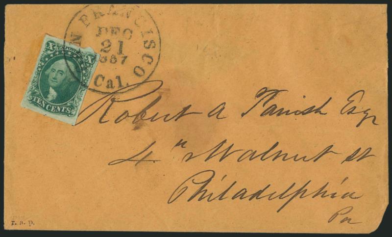 10c Green, Ty. III (15).> Huge margins, pretty shade, tied by face-free strike of San Francisco Cal. Dec. 21, 1857 circular datestamp on orange cover to Philadelphia, barely reduced at right, the stamp is
Extremely Fine