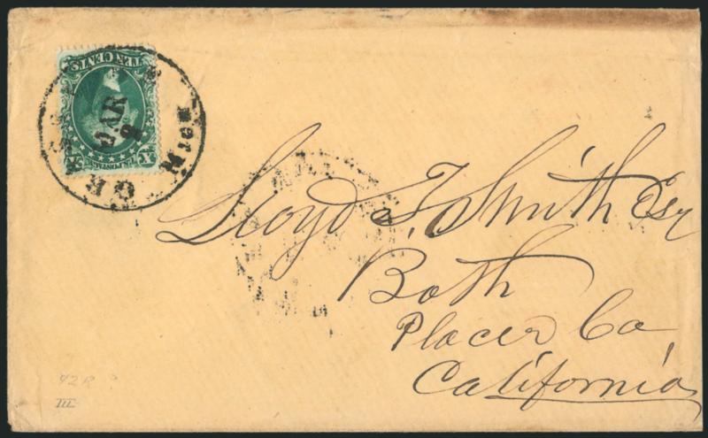 10c Green, Ty. II, III (32, 33).> Four covers each bearing single, two of each, Ty. II including one from Mass. to Cal. and one from Va. to Cuba, Ty. III including one from Mich. to Cal. and one from
Philadelphia to Cal., few minor flaws, overall Fin