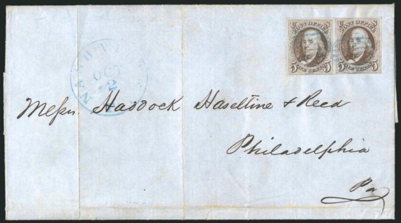 5c Grayish Brown (1a var).> Horizontal pair, large margins to full, with significantly <misaligned entries> showing right stamp higher than the left, cancelled by <blue grids,> matching Nashville Te. Oct. 2
circular datestamp on blue 1850 folded co