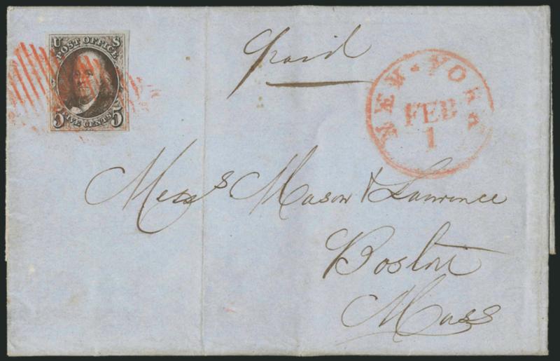 5c Blackish Brown (1a var).> Large margins to clear, intense color, tied by red New York square grids, matching New-York Feb. 1 circular datestamp on blue 1848 folded letter to Boston, vertical file fold well
away from stamp, Fine example of this s