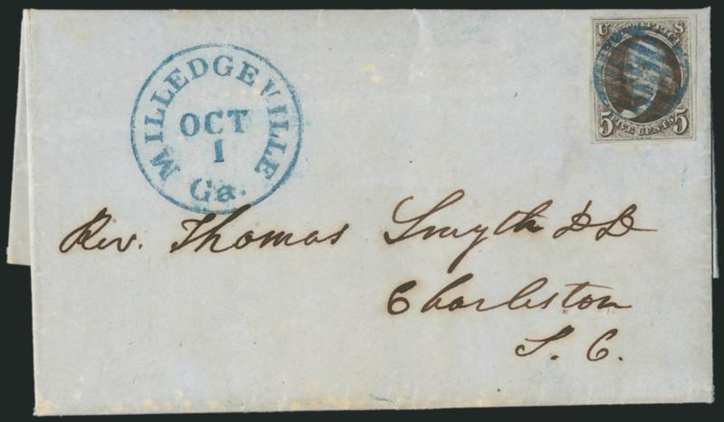 5c Blackish Brown (1a var).> Large margins to clear, intense shade and impression, cancelled by <blue grid,> matching Milledgeville Ga. Oct. 1 circular datestamp on blue 1847 folded letter to Charleston S.C.,
gently cleaned and stamp barely affecte