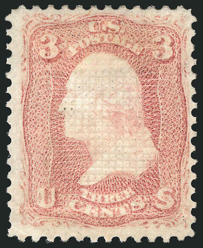 3c Rose, C. Grill, Points Down (83 var).> Original gum, clearly-defined grill, bright color, horizontal crease at bottom, Very Fine appearance, the variety was caused when the sheet was fed into the grilling
machine with the gummed side facing the fe