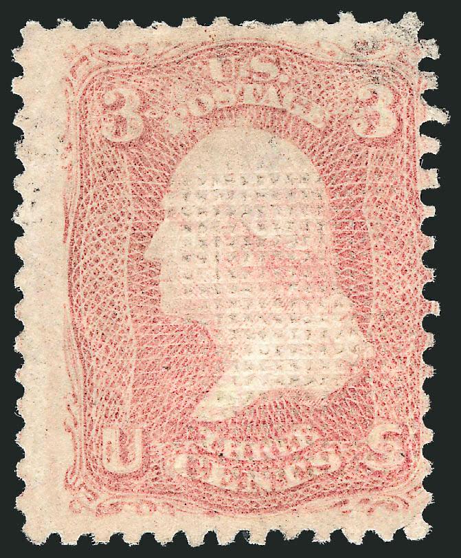 3c Rose, C. Grill, Double Grill (83 var).> Lightly cancelled at top right, second grill mostly overlapping but causing it to look extra tall, short perf at top, light diagonal crease at left, otherwise Fine,
scarce variety