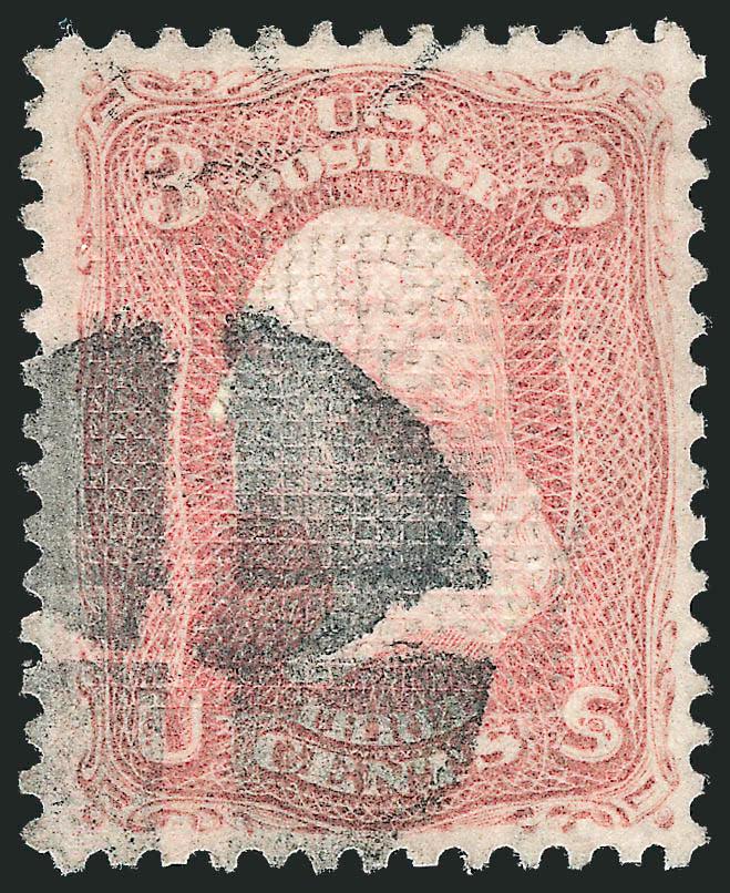 3c Rose, C. Grill, Double Grill (83 var).> Choice centering, second grill at left mostly overlaps with first, neat strike of quartered cork cancel<><>^VERY FINE AND CHOICE. A BEAUTIFUL EXAMPLE OF THE 1867 3-CENT
C GRILL, WITH A DOUBLE GRILL.^<><>
