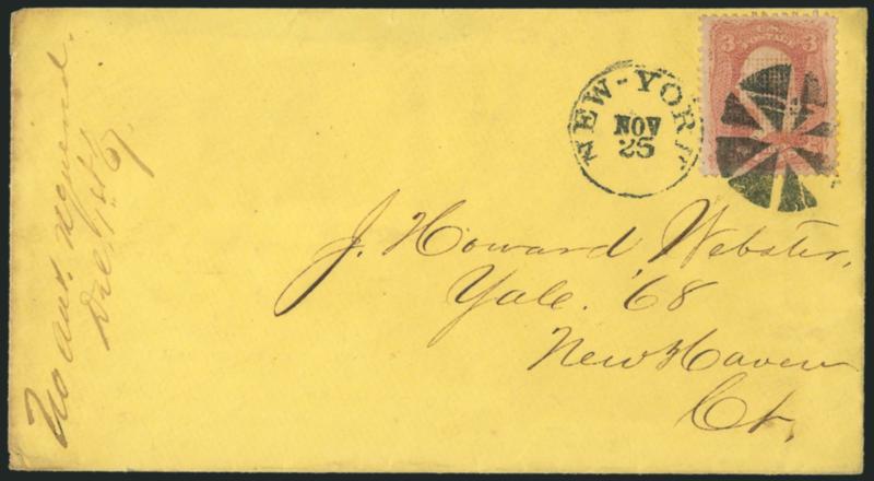 3c Rose, C. Grill (83).> Rich color, choice centering, tied by circle of wedges, New-York Nov. 25 circular datestamp on yellow cover to New Haven Conn., 1867 docketing at left, missing part of top flap,
Extremely Fine, very early use, the earliest