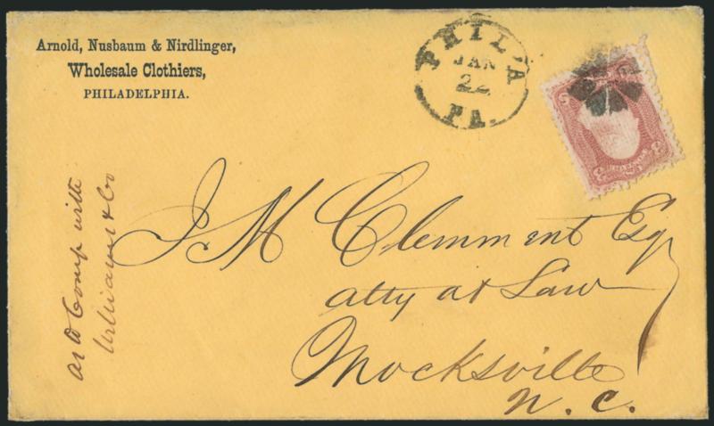 3c Rose, C. Grill (83).> Tied by cork, Phila Pa. Jan. 22 circular datestamp on orange cover to Mocksville N.C., wholesale clothiers corner card, top flap mostly reattached, stamp lifted (presumably to confirm
identification) and put back, still V