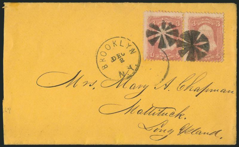 3c Rose, C. Grill (83).> Horizontal pair, rich color, tied by circle of small wedges and by light strike of Brooklyn N.Y. Dec. 2 circular datestamp, second clear strike at left, on orange cover to Mattituck
N.Y., reduced at left, Fine, scarce usage