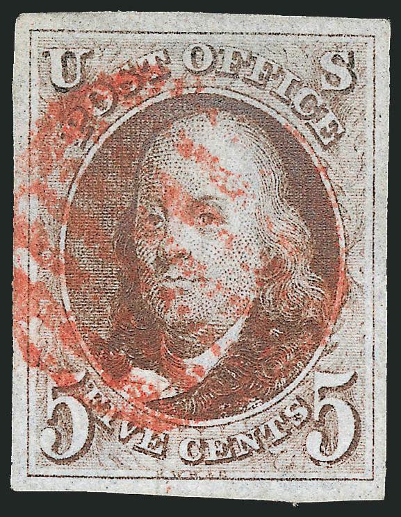 5c Red Brown (1).> Large even margins all around, pretty shade, well-struck red grid cancel, Extremely Fine, a beautiful stamp