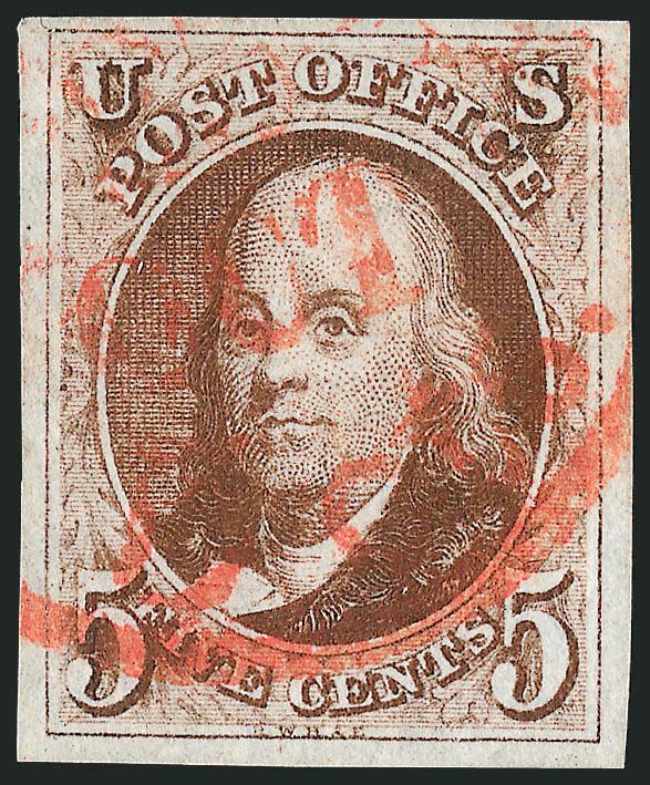5c Red Brown, Dot in S (1 var).> Large even margins, bright color, cancelled solely by <red 5 cts. integral-rate circular datestamp,> Extremely Fine, a beautiful stamp, scarce cancelled solely by the circular
datestamp, this plate variety is know