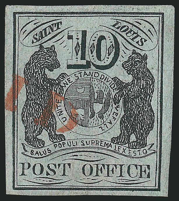 St. Louis Mo., 10c Black on Greenish (11X2).> Type III, Position 6, large even margins, sharp impression on bright greenish paper, <cancelled solely by red Paid handstamp>, barest trace of wrinkles flashing when
fluid dries (a natural characteris