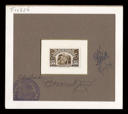 195P, 1940 55c Health day, production file, consisting of an enlarged handpainted model on thick card, large die proof on India, a 5c model in red brown with printers imprint
affixed, and a 55c frame sunk bromide in issued color with official h
