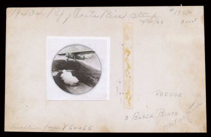 C28P-30P, 1937 1c-3c First Fair air posts, production file, with enlarged model of vignette design on thick card measuring 280x177mm, 3c stamp stamp size photographic and
handpainted model, 1c and 2c photographic models with handpainted value ta