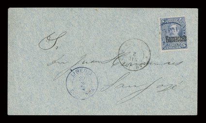 42, 1888 5c Violet blue, tied by Liberia in violet oval pmk. on fresh cover to San Jose, matching Liberia29 AprCosta Rica c.d.s., San Jose receiver, very fine and choice one of
the finest quality covers of the approximately twelve known