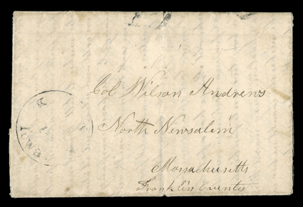 Great Salt Lake City July 27 1850, dateline on folded letter with integral address leaf to North New Salem, Mass. carried by Mormon express, entered the mails with light Kane,
Iowa datestamp and partial handstamped 10 rate, very fine.Long