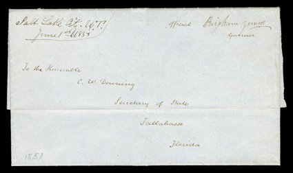 [Brigham Young Free Frank] Official Brigham Young, Governor clear manuscript frank in his hand on folded letter with integral address leaf to Tallahassee, Florida with
manuscript Salt Lake City, U.T.June 1st, 1851 postmark, extremely fine t
