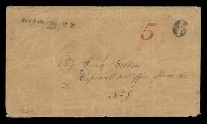 Salt Lake City, U.T., July 1 (1851), clear straightline postmark and matching 6 rate on buff cover to Hopewell, N.J. mailed on the first day of regular mail service under
Woodson subcontract and first day of new 1851 postal rates (6c prepaid ov