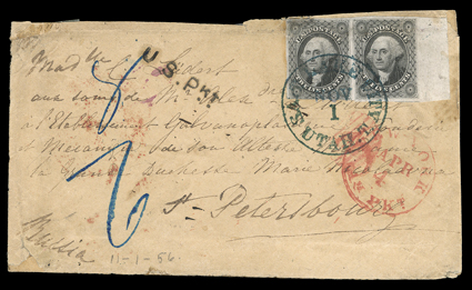 [Salt Lake City to Russia in 1856], Cover from The City of Saints to Imperial Russia, right sheet-margin horizontal pair 12c Black (17, small repair at top left corner) tied by
well struck blue Salt Lake City, Utah, Nov 1 datestamp to buff c