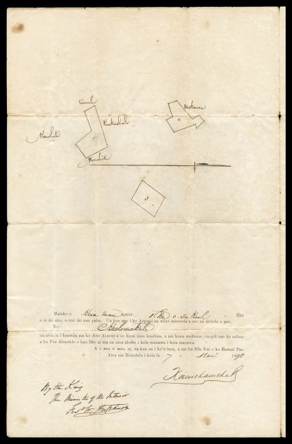  King Kamehameha V 1870 document signed, Hawaiian language Royal Patent No. 6270, deeding land in Moanalua to Kailemakule, black negative royal seal inscribed Royal Stamp on the
front at top left, dated May 7, 1870 and signed Kamehameha R by