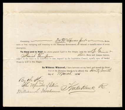 King Kalakaua 1875 document signed, bilingual Royal Patent No. 5725 executed in English, commuting a parcel of land in Honolulu to E. Grimes and Josiah Thompson, black negative
royal seal inscribed Royal Stamp applied between the front and back
