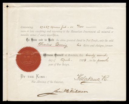 King Kalakaua 1880 document signed, English language Royal Patent No. 3250, deeding another parcel of land in Honolulu to Charles Brenig, this being 27,467 square feet for only
one dollar, $1.00 Black adhesive revenue (R3) tied at top left, date
