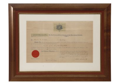 Queen Liliuokalani important 1891 document signed, a beautifully framed royal document in 27 x 21 Koa wood frame appointing Charles R. Bishop to be a Member of Our Privy Council
of State, the document is dated March 7, 1891 in the first y