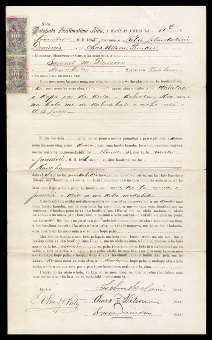 HRH Lydia Liliuokalani Dominis 1885 document signed, the future Queen and last ruling monarch of Hawaii, a single page Hawaiian language lease document between her and S.M.
Damon, two $1.00 Black revenues (R3) tied at top left, dated November 11