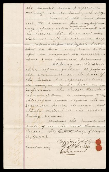 Bernice Pauahi Bishop and Charles R. Bishop 1883 document signed, English language lease for a parcel of land in the district of Waialae on Oahu, granted by Bernice and Charles
Bishop to S.M. Damon, dated August 13, 1883 and signed Bernice P. Bi