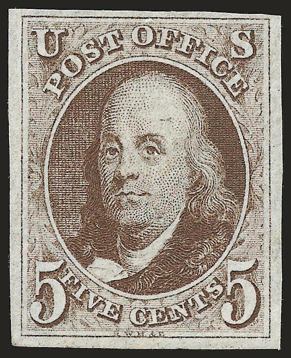 5c Dark Brown (1a).> Original gum, large margins all around, deep rich color and sharp proof-like impression<><>^VERY FINE AND CHOICE. A BEAUTIFUL SOUND ORIGINAL-GUM EXAMPLE OF THE 5-CENT 1847 ISSUE IN THE
DISTINCTIVE DARK BROWN SHADE.^<><>With 2