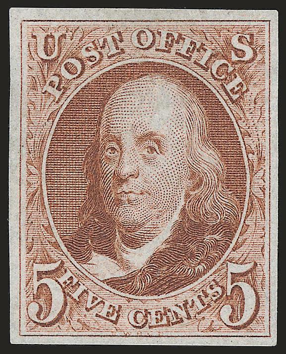 5c Red Brown, Reproduction (3).> Without gum as issued, large even margins, bright color, crisp impression, fresh and Extremely Fine, with 1982 P.F. certificate