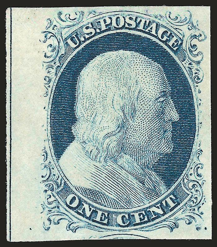1c Blue, Ty. IV (9).> Position 61R1L with <surface crack at top right,> recut once at top, large to huge margins incl. <straddle-pane margin at left with full guideline> and part of adjoining stamp at bottom,
brilliant color on bright paper<><>^EXT