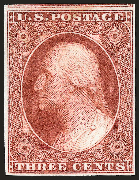 3c Orange Brown (10). Mint N.H.,> large margins with trace of adjoining stamp at top, incredibly deep color and sharp proof-like impression on bright white paper<><>^EXTREMELY FINE GEM. A SUPERB MINT
NEVER-HINGED EXAMPLE OF THE 3-CENT 1851 ORANGE B