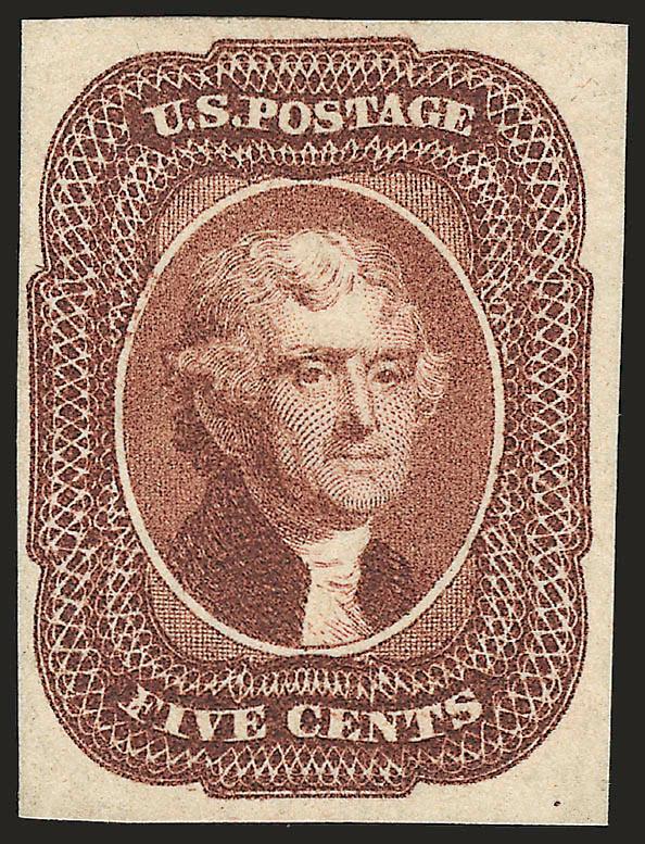 5c Red Brown (12).> D Relief from the bottom row of the plate, accompanying certificate states large part original gum which we feel is inaccurate because the gum is completely intact with a few hinge marks,
large margins, deep rich color on bright